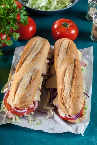 Submarine Sandwiches Ham Cheese Tomatoes Cabbage Cucumber Fresh Delicious Dish — Stock Photo, Image