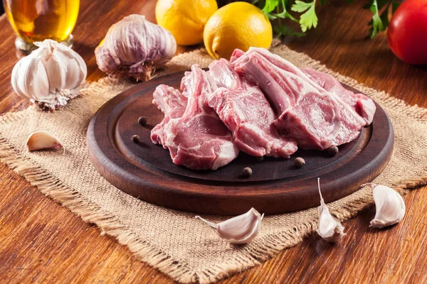 Raw Fresh Lamb Chops Wooden Cutting Board Food Drink Concept — Stock Photo, Image