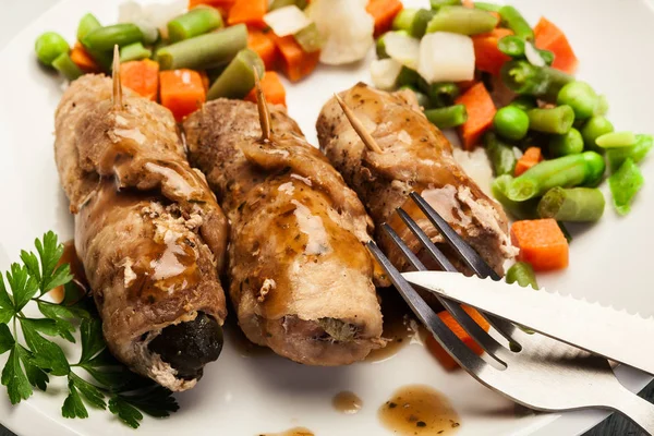 Pork Rolls Vegetables Plate — Stock Photo, Image