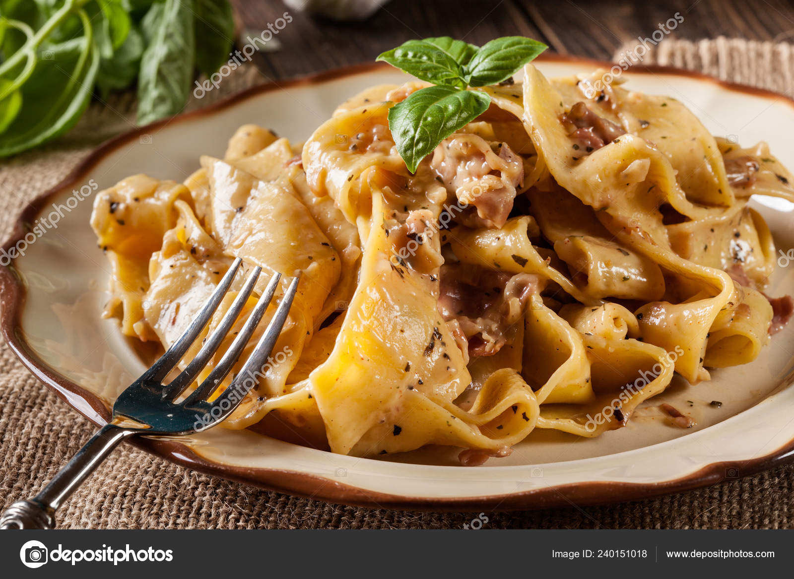 Pappardelle Pasta Prosciutto Cheese Sauce Plate Food Drink Stock Photo