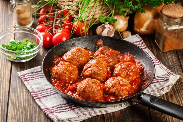 Pork Meatballs Spicy Tomato Sauce Pan — Stock Photo, Image