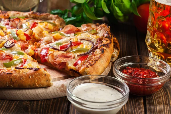 Homemade Pizza Bacon Paprika Corn Served Wooden Board — Stock Photo, Image