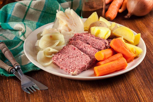 Corned beef and cabbage with potatoes and carrots on St Patrick\'s Day