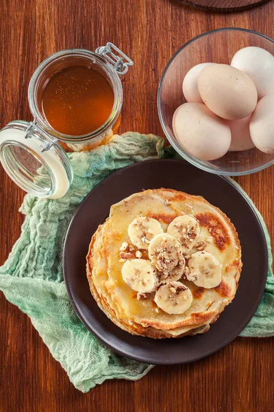 Thin Pancakes Banana Walnuts Honey Breakfast — Stock Photo, Image