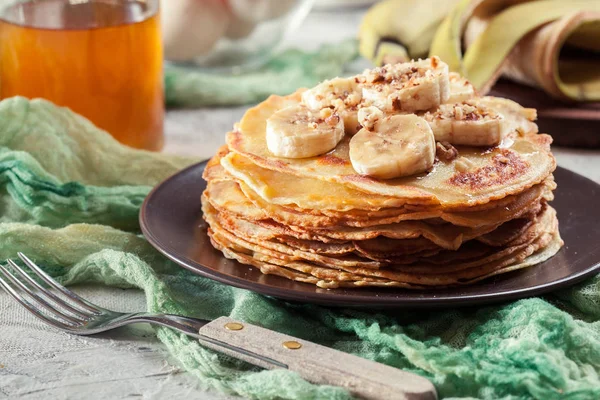 Thin Pancakes Banana Walnuts Honey Breakfast — Stock Photo, Image