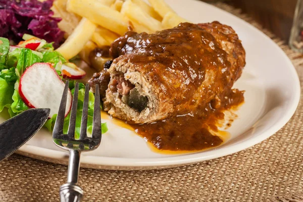 Pork Roulade French Fries Salad Plate — Stock Photo, Image