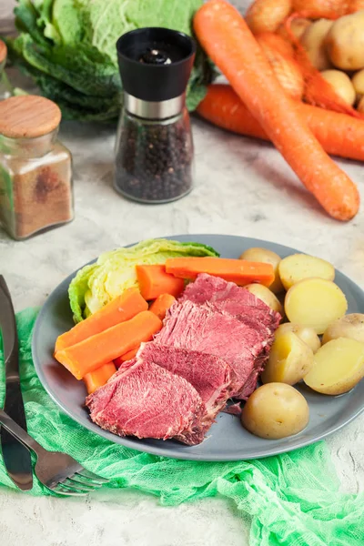 Corned beef and cabbage with potatoes and carrots on St Patrick\'s Day