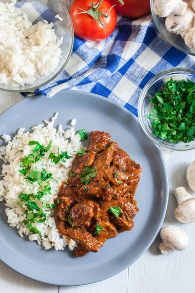 Beef Stroganoff Mushrooms Served Rice Plate Top View — Stock Photo, Image