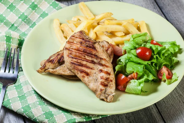 Grilled Chicken Breasts Served Fries Fresh Salad Plate — Stock Photo, Image