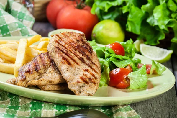 Grilled Chicken Breasts Served Fries Fresh Salad Plate — Stock Photo, Image