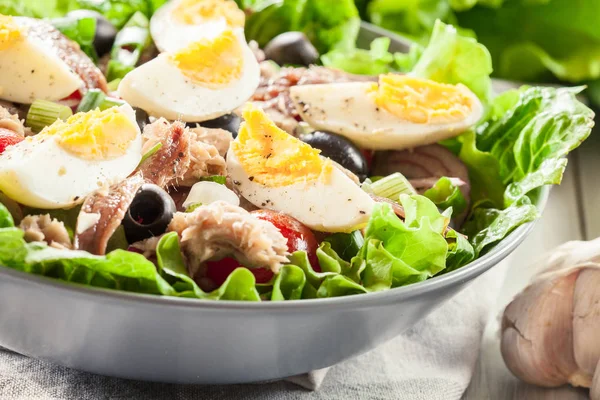 Nicoise Insalata con tonno, acciughe, uova e pomodori — Foto Stock