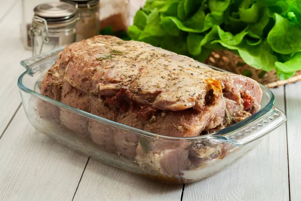 Marinated raw pork roll ready to roast — Stock Photo, Image