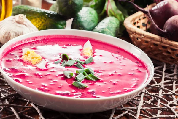 Cold beet soup with egg, cucumber and greens — Stock Photo, Image