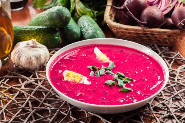 Cold beet soup with egg, cucumber and greens — Stock Photo, Image