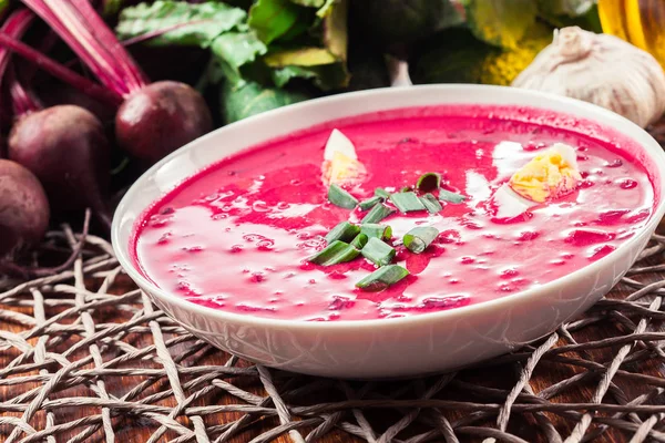 Cold beet soup with egg, cucumber and greens — Stock Photo, Image