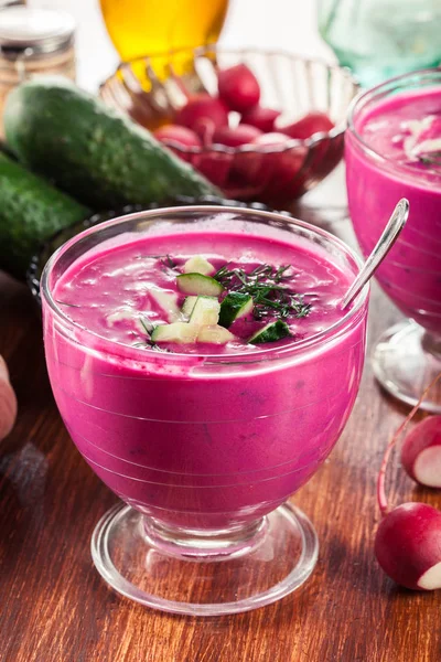 Cold beet soup with egg, cucumber and greens — Stock Photo, Image