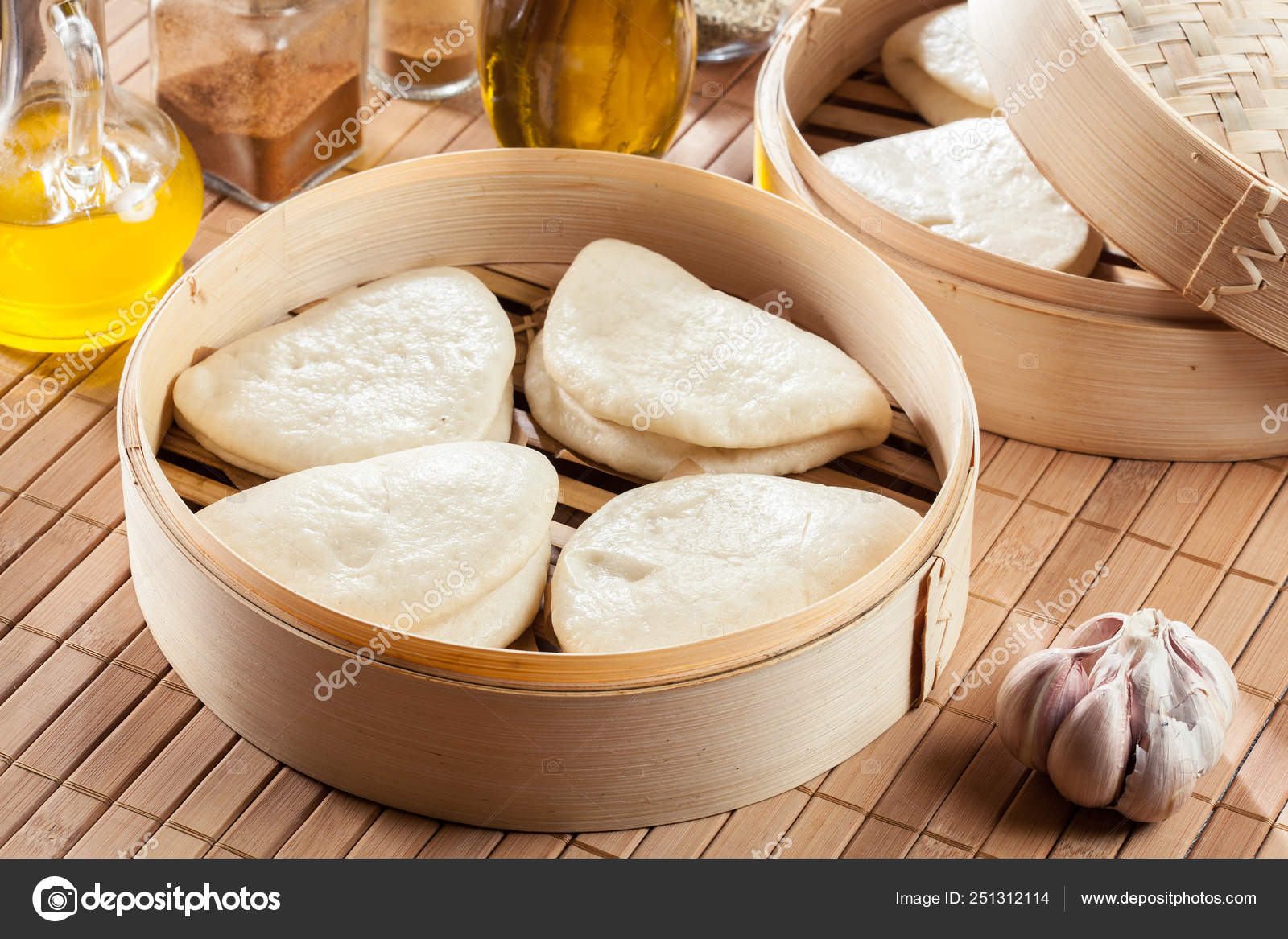 Gua bao, steamed buns in bamboo steamer Stock Photo by ©fotek 251312114