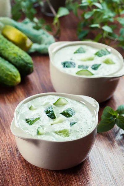 Sopa de pepino frio com pepino, endro e hortelã — Fotografia de Stock