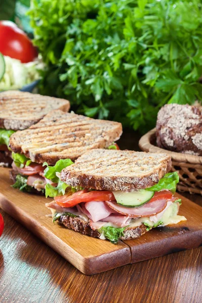 Sandwiches con jamón, queso, tomate, lechuga y pepino — Foto de Stock