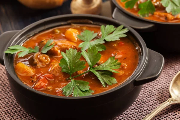 Stew Soppa med kött, potatis, svamp och röd paprika — Stockfoto