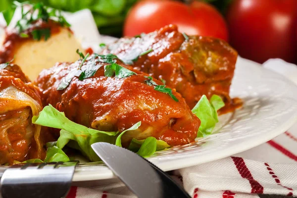 Stuffed cabbage with meat and rice served with boiled potatoes and tomato sauce — Stock Photo, Image