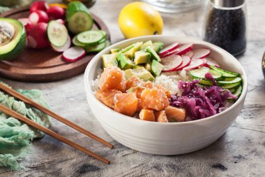 Poke bowl, traditional Hawaiian raw fish salad clipart