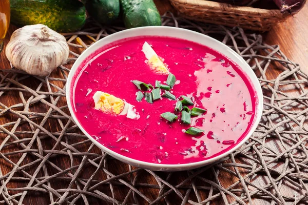 Sopa de beterraba fria com ovo, pepino e verduras — Fotografia de Stock