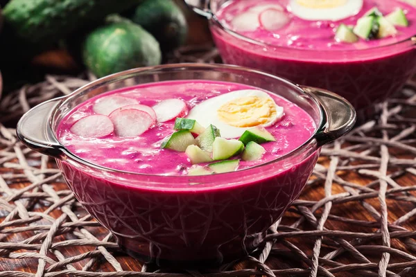 Sopa de beterraba fria com ovo, pepino e verduras — Fotografia de Stock