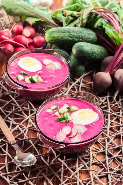 Cold beet soup with egg, cucumber and greens — Stock Photo, Image