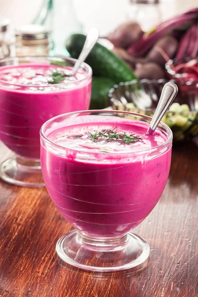 Cold beet soup with egg, cucumber and greens — Stock Photo, Image