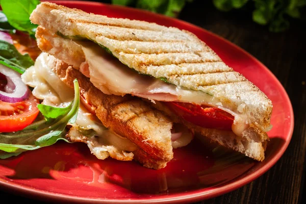 烤帕尼尼配火腿、芝士和西红柿三明治 — 图库照片