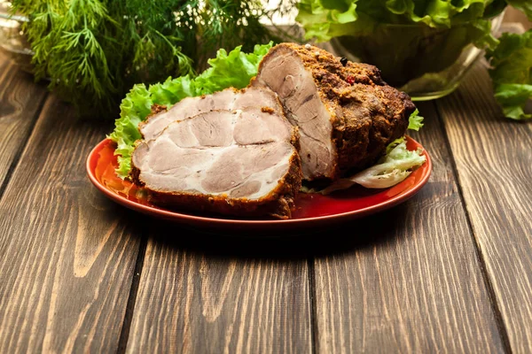 Roasted pork neck with spices on cutting board — Stock Photo, Image