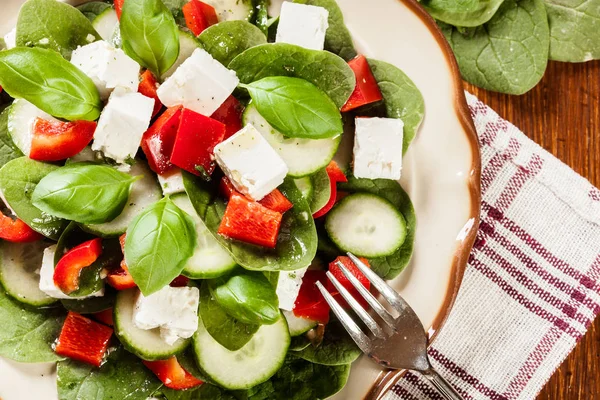 Ensalada de espinacas frescas con feta, pepino y pimentón rojo en un pla —  Fotos de Stock