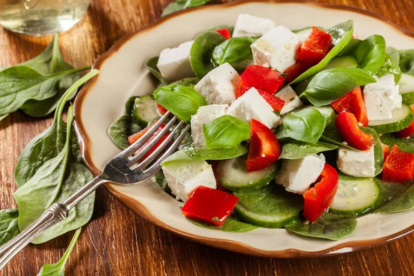 Beyaz peynir, salatalık ve bir plaka üzerinde kırmızı pul biber taze ıspanak salatası. — Stok fotoğraf