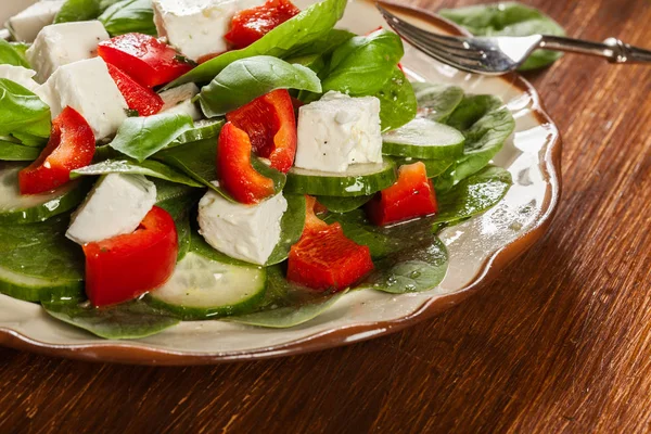 Salada de espinafre fresca com feta, pepino e páprica vermelha em uma chapa . — Fotografia de Stock