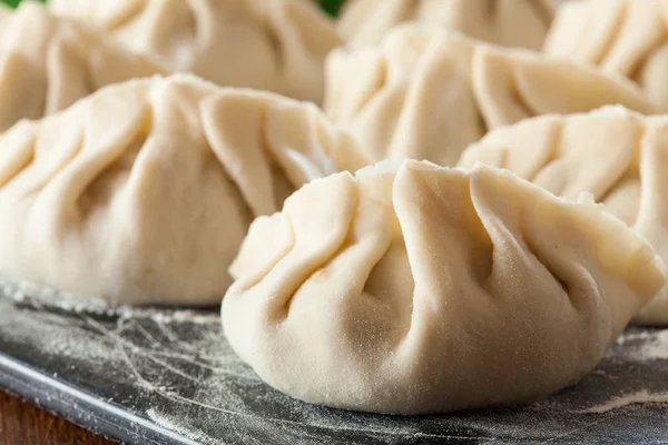 Bolinhos de gyoza ou jiaozi crus prontos para cozinhar — Fotografia de Stock