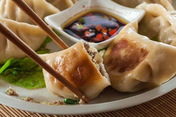 Bolinhos de massa japoneses - Gyoza com carne de porco e legumes — Fotografia de Stock