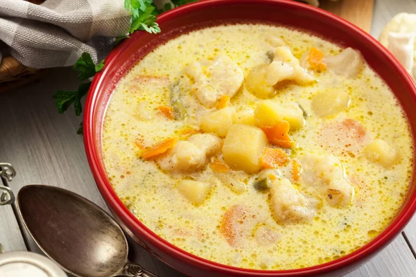 Овощной суп с ингредиентами морковь, цветная капуста, картофель и петрушка — стоковое фото