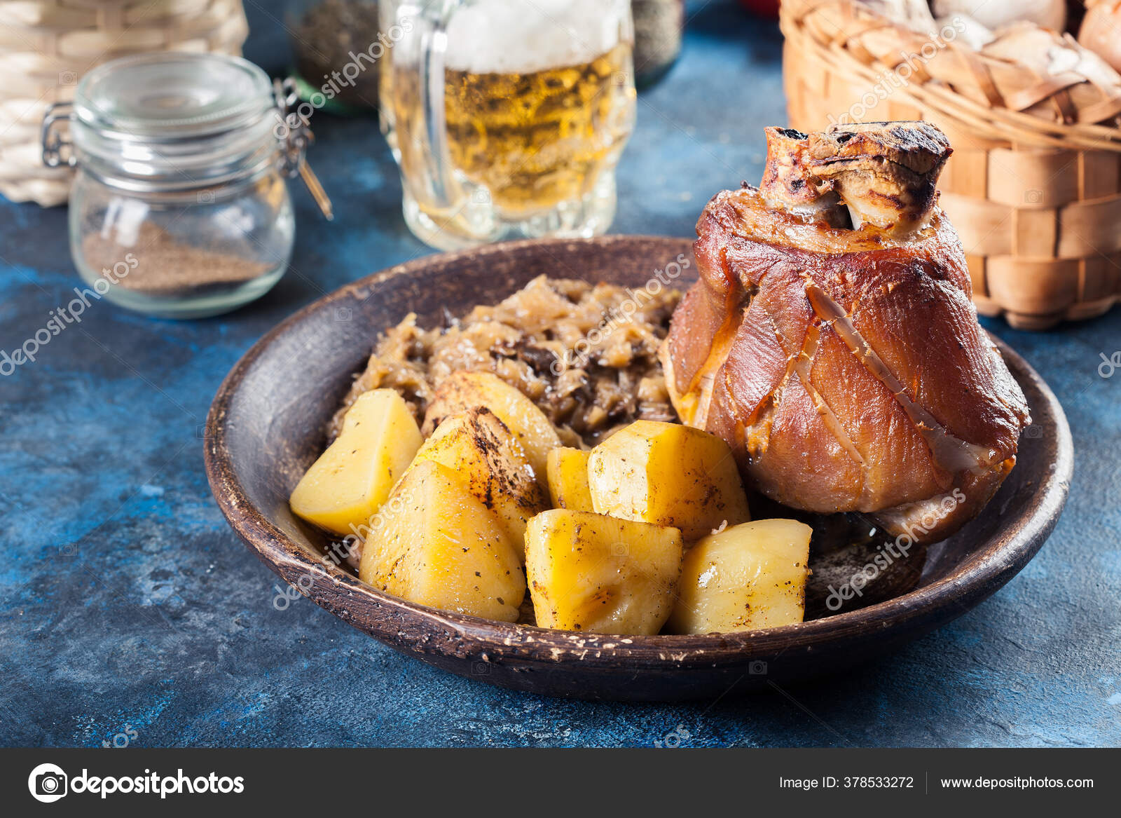 Pork Knuckle Fried Sauerkraut Baked Potatoes Polish German Cuisine