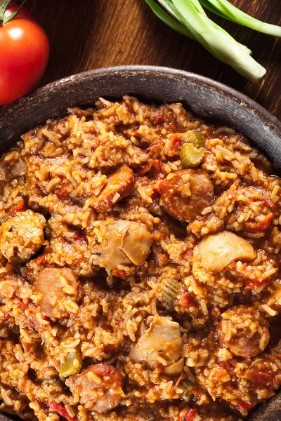 Jambalaya Pollo Riso Piccante Con Pollo Una Salsiccia Piatto Creolo — Foto Stock