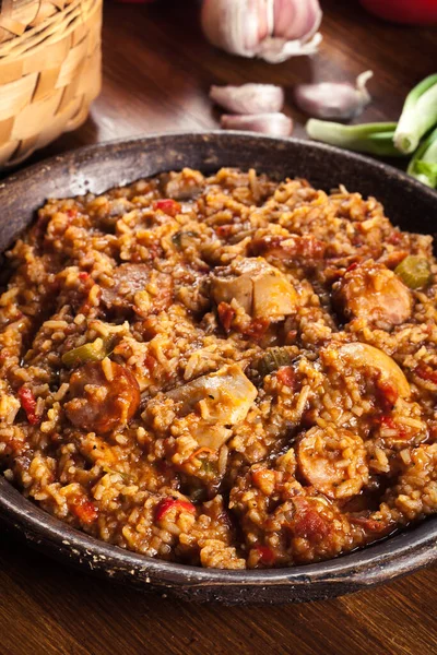 Jambalaya Pollo Riso Piccante Con Pollo Una Salsiccia Piatto Creolo — Foto Stock