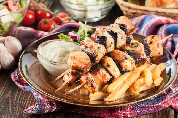 Chicken Souvlaki French Fries Tzatziki Sauce Greek Dish Plate — Stock Photo, Image