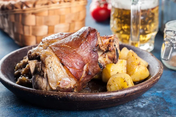 Pork Knuckle Fried Sauerkraut Baked Potatoes Polish German Cuisine — Stock Photo, Image