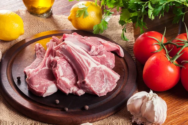 Raw Fresh Lamb Chops Wooden Cutting Board Food Drink Concept — Stock Photo, Image