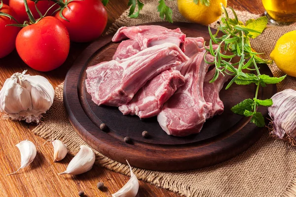 Raw Fresh Lamb Chops Wooden Cutting Board Food Drink Concept — Stock Photo, Image