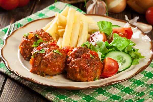 Roasted Meatballs Tomato Sauce French Fries Salad Plate — Stock Photo, Image