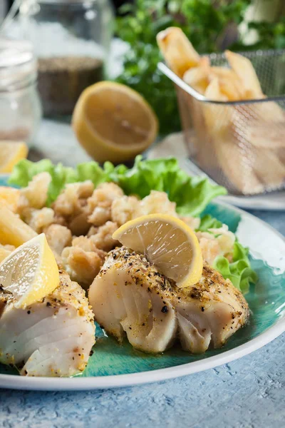 Steamed Cod Fish French Fries Boiled Cauliflower Plate — Stock Photo, Image