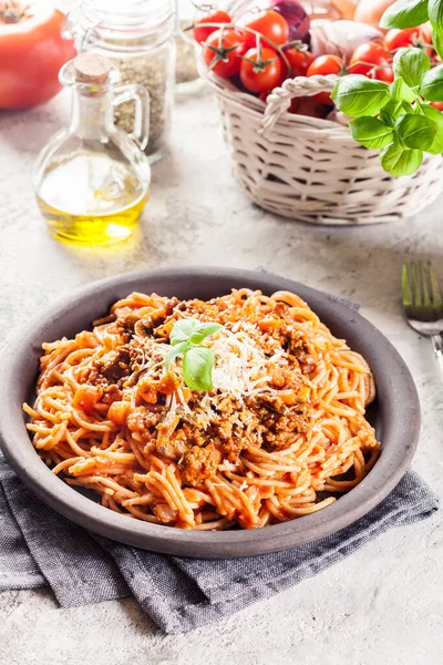 Espaguetis Boloñeses Con Champiñones Queso Cocina Italiana — Foto de Stock