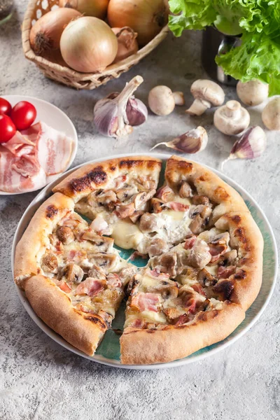 Pizza Bianca Bacon Mushrooms Italian Dish — Stock Photo, Image