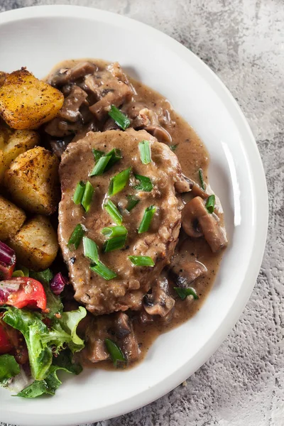 Pork Loin Chop Mushroom Sauce Baked Potatoes Delicious Dish — Stock Photo, Image